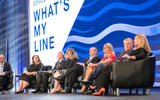 Panelists on the "What's My Line?" session were, from left, moderator Matthew Eichhorst, Global Cruise Leader of Expedia Group; Katharine Bonner, SVP of river and small ship cruising, Tauck River Cruises; John Delaney, president of Windstar Cruises; Pamela Hoffee, managing director of Avalon Waterways; Rob Huffman, vice president, trade sales, USA for Scenic Luxury Cruises and Emerald Waterways; Kristin Karst, co-owner and EVP of AmaWaterways; Bob Lepisto, president of SeaDream Yacht Club; and Edie Rodriguez, Americas brand chairwoman of Ponant Yacht Cruises and Expeditions.