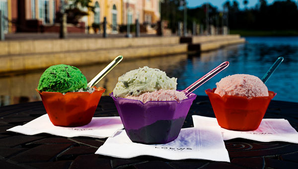 At Loews Portofino Bay Hotel, guests can sample fifty flavors of gelato from Tampa's Duomo Gelato at the gelateria on Harbor Piazza. At Loews Portofino Bay Hotel, guests can sample fifty flavors of gelato from Tampa's Duomo Gelato at the gelateria on Harbor Piazza.