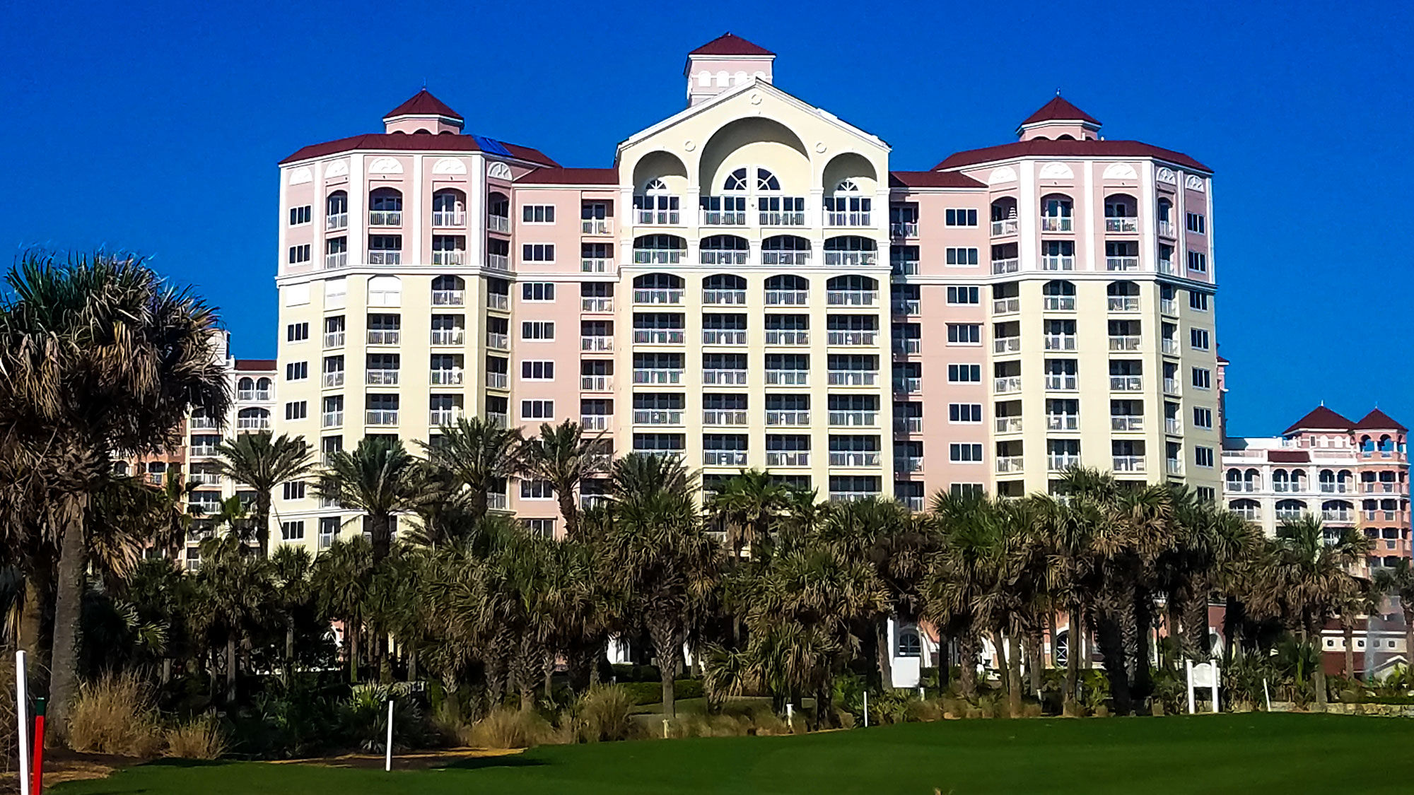 Exterior view of Hammock Beach Resort from the beachfront golf course.