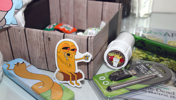 The Jupiter Hotel’s Everything but the Weed package features coupons, stickers and a vape pen. The Jupiter Hotel’s Everything but the Weed package features coupons, stickers and a vape pen.