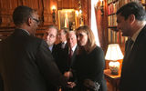 President Paul Kagame of Rwanda greets (left to right) CBS News travel editor Peter Greenberg, US Travel CEO Roger Dow, World Travel & Tourism Council CEO Gloria Guevara and Travel Leaders CEO Ninan Chacko at a lunch in his honor in New York prior to the screening of Greenberg's ''Rwanda -- The Royal Tour.''