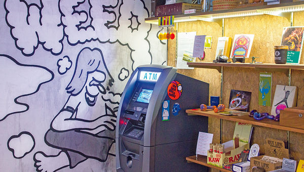 The ATM at Electric Lettuce in Portland’s Lloyd district. Dispensaries are largely cash businesses because cannabis remains illegal federally. The ATM at Electric Lettuce in Portland’s Lloyd district. Dispensaries are largely cash businesses because cannabis remains illegal federally.