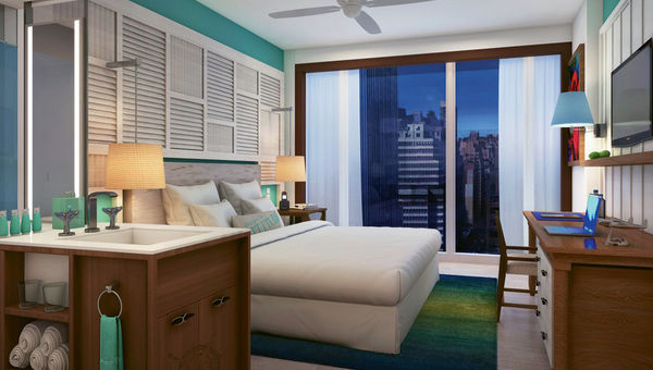 A guestroom rendering for the Margaritaville resort in New York.