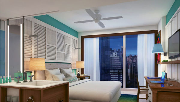 A guestroom rendering for the Margaritaville resort in New York. A guestroom rendering for the Margaritaville resort in New York.