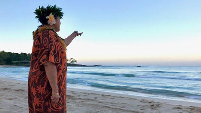 Healani Kimitete-Ah Mow leads the e ala e, morning chant. Kimitete-Ah Mow joined Mauna Kea Resort and Hapuna Beach Resort as the aloha ambassador in January and has been adding new programming.