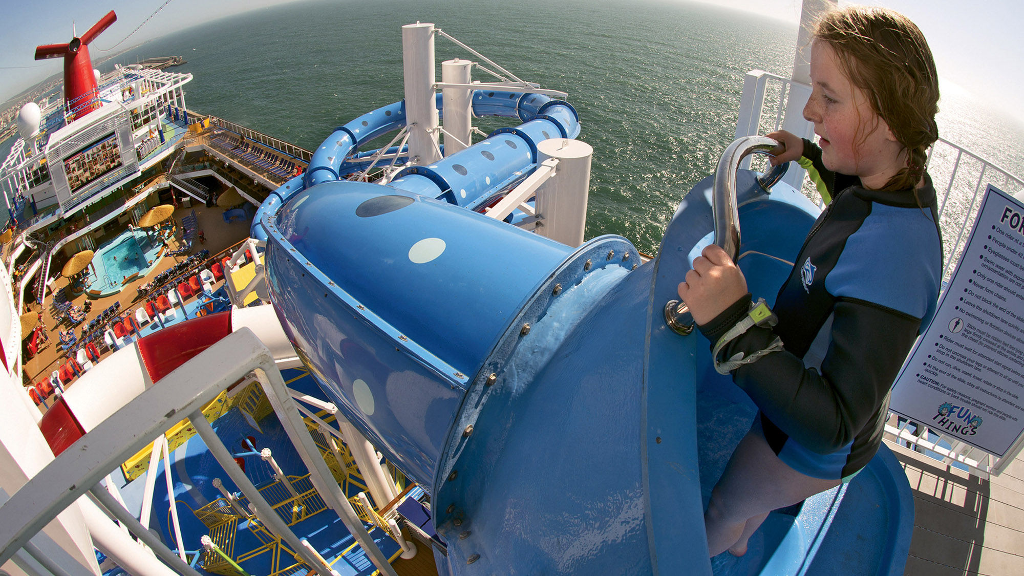 The starting point of the Fun Things slide towers above the Dr. Seuss WaterWorks on the Carnival Horizon.
