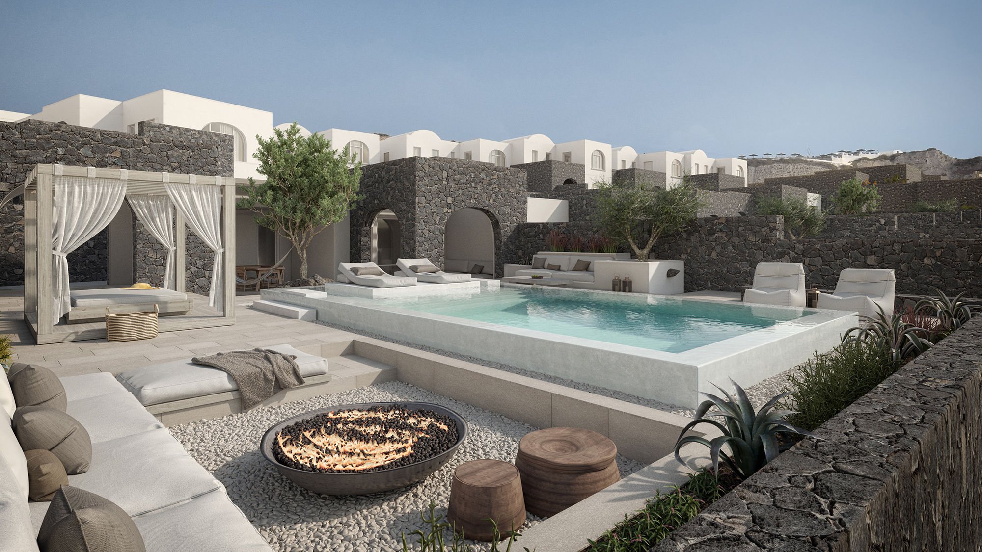The pool area at the Canaves Oia Epitome in Santorini, Greece.
