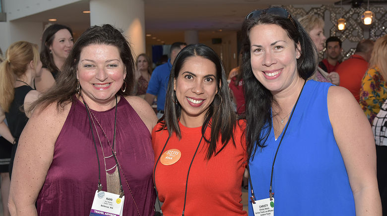 Kari Mollan of Stellar Travel, Ana Navarro of the Los Cabos Tourism Board and Christy Welch of Veritas Travel, an affiliate of Andavo Travel, are all smiles at the GTM West opening reception, sponsored by Marriott International and the Cosmopolitan of Las Vegas, with entertainment by The Autograph Collection and Tribute Portfolio Hotels.