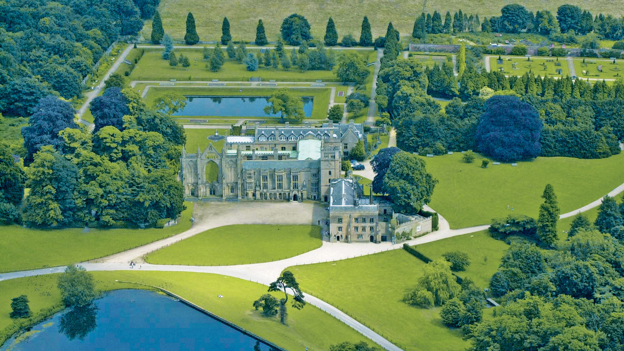 An aerial view of Newstead Abbey in Nottingham, the ancestral home of Lord Byron.