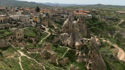 The "fairy chimney" rock formations in Cappadocia, Turkey.