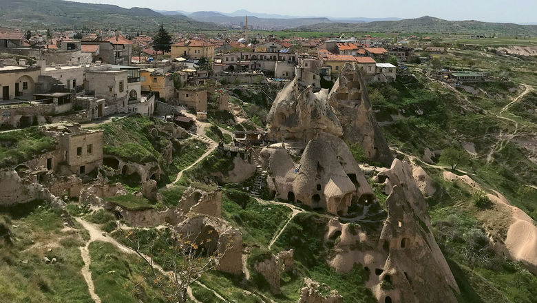 The "fairy chimney" rock formations in Cappadocia, Turkey.