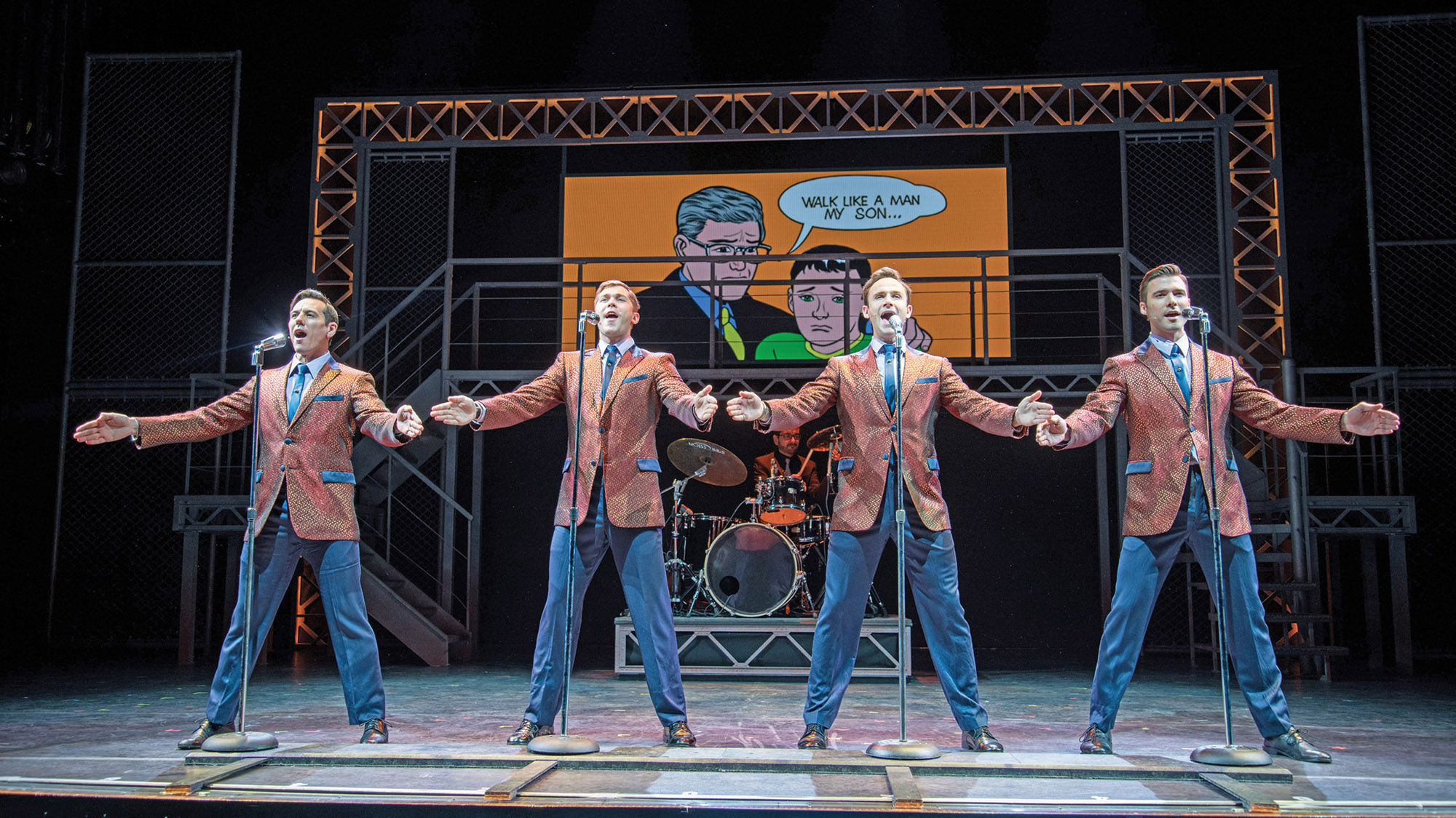 Aboard the Norwegian Bliss, a video screen helps tell the story in “Jersey Boys,” an adaptation of the Broadway hit about the Four Seasons.