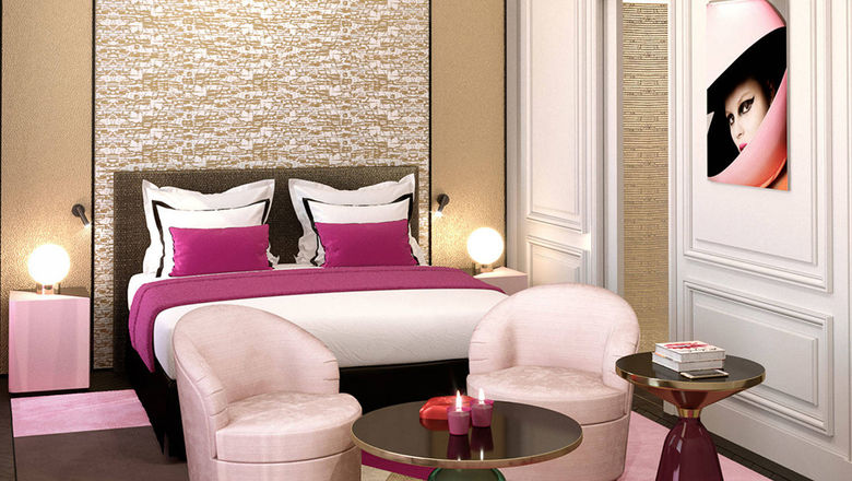 A guestroom rendering for the Fauchon L'Hotel in Paris.