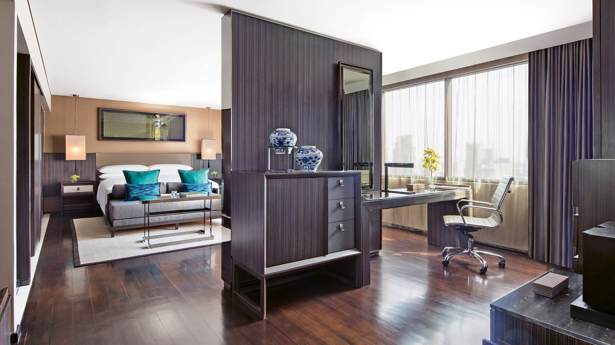An Executive Suite at the Bangkok Marriott Marquis Queen’s Park, which is near downtown shopping and restaurants.