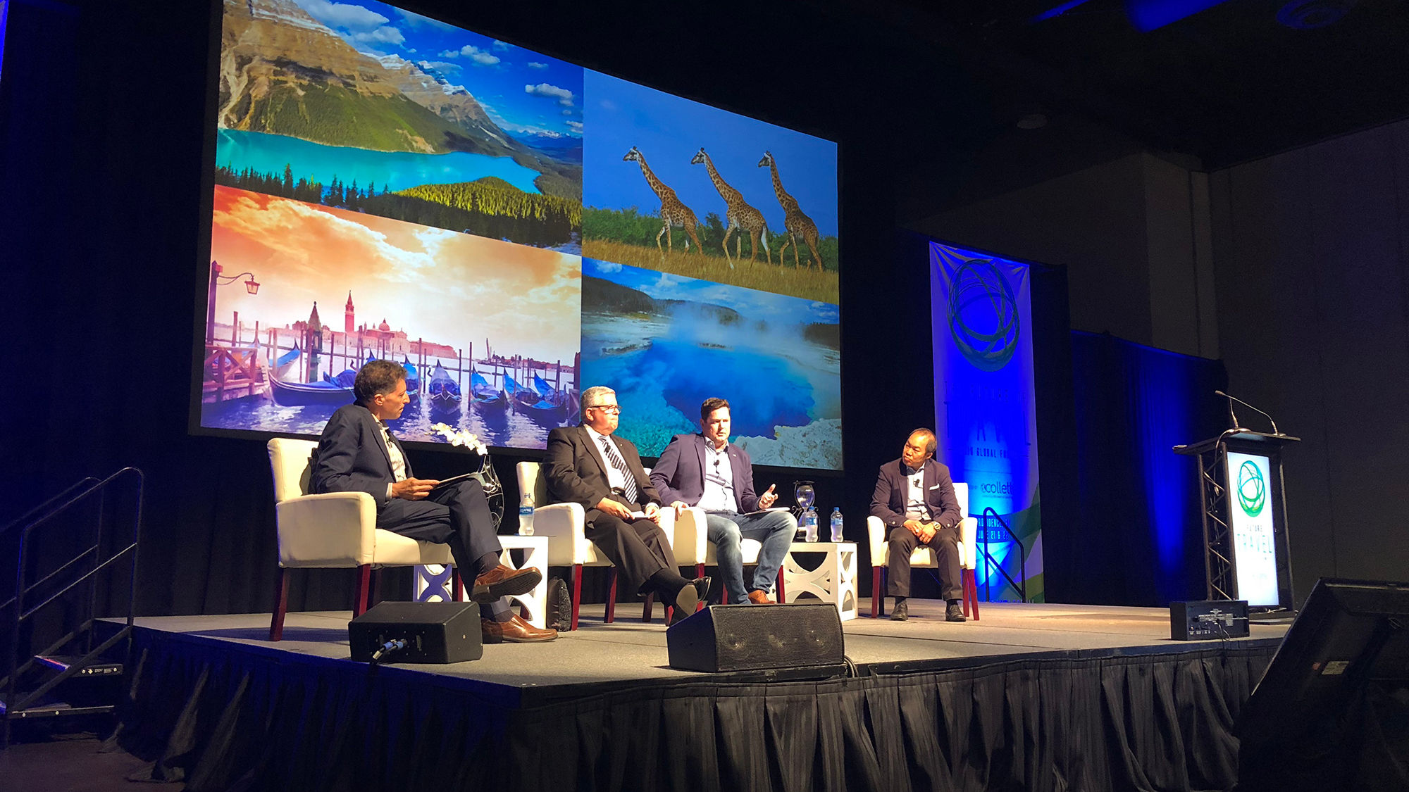 Travel Weekly's Arnie Weissmann moderates a panel discussion with (from left): AAA's Bill Sutherland, Flight Centre's Nick Lucock and Unired's Amos Khim.