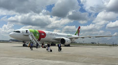The TAP airlines Airbus A330neo sits on the tarmac in Atlanta. It's the first A330neo to take to the sky. Pending certification, TAP hopes to put the plane into service in the fall.