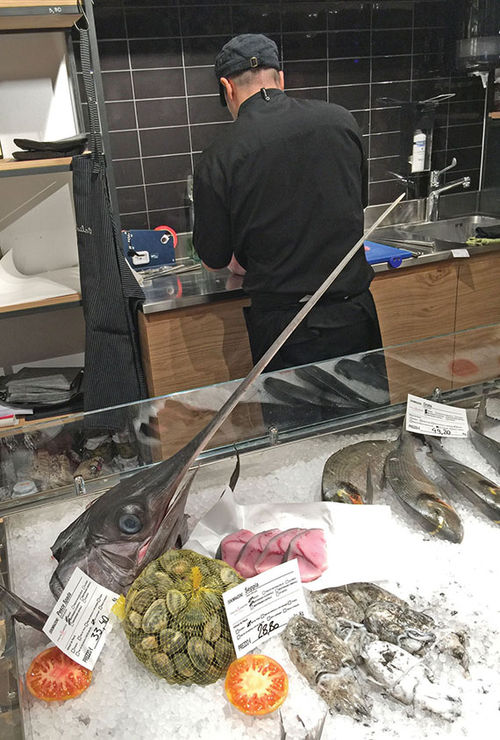 Swordfish and other fresh seafood on display in Bolzano. Swordfish and other fresh seafood on display in Bolzano.