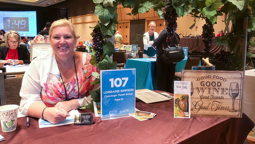 Lorraine Simpson, co-owner of Concierge Travel Group, Foothill, Ontario, designed her booth display at Global Travel Marketplace around a wine tour that won a Magellan Award from Travel Weekly Lorraine Simpson, co-owner of Concierge Travel Group, Foothill, Ontario, designed her booth display at Global Travel Marketplace around a wine tour that won a Magellan Award from Travel Weekly
