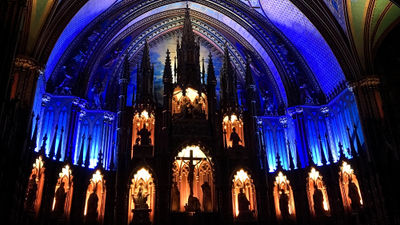 The altar at the end of the "Aura" immersive audio-visual experience at Notre-Dame Basilica in Montreal.