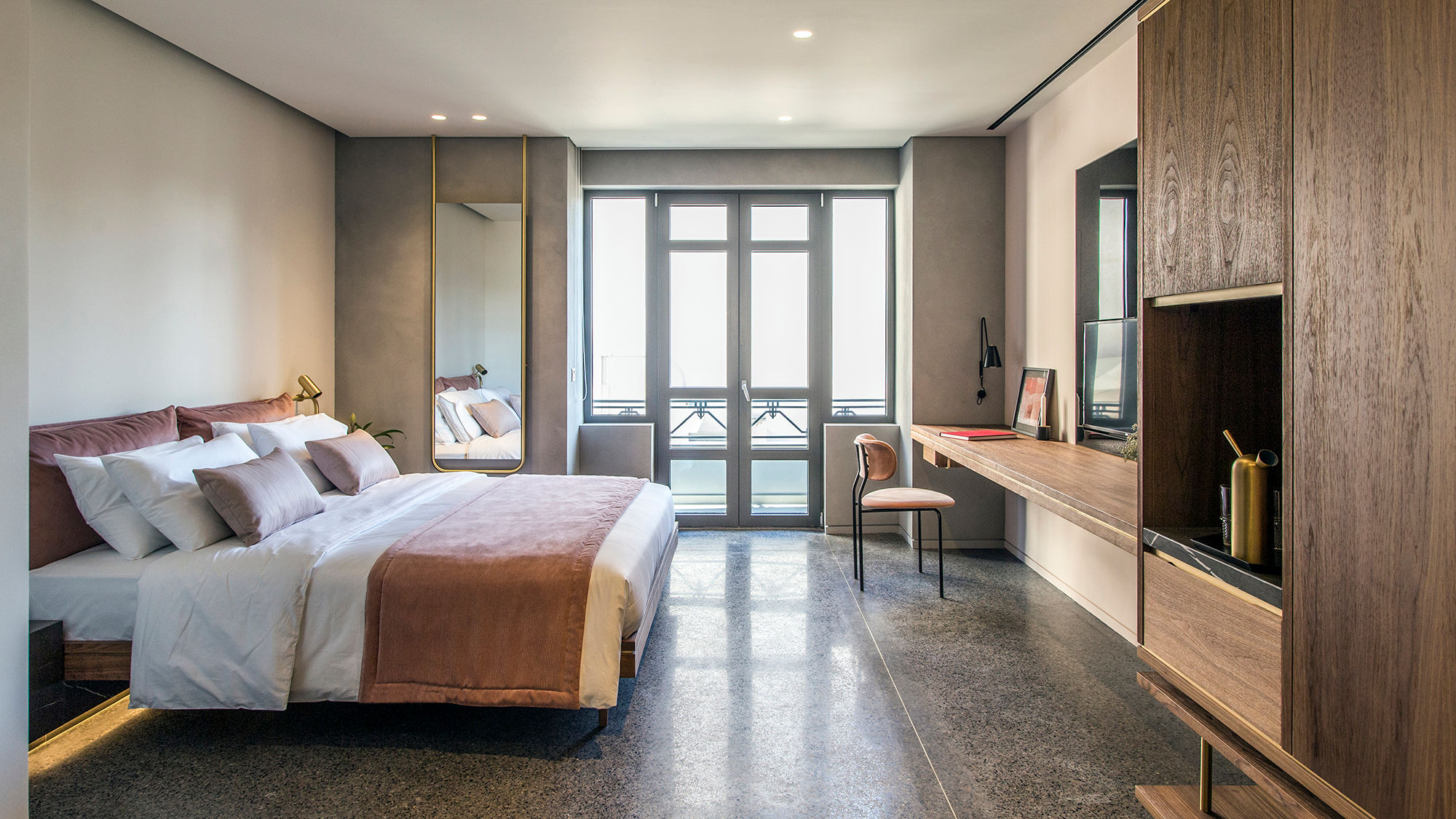 A guestroom at the new Perianth Hotel in Athens.