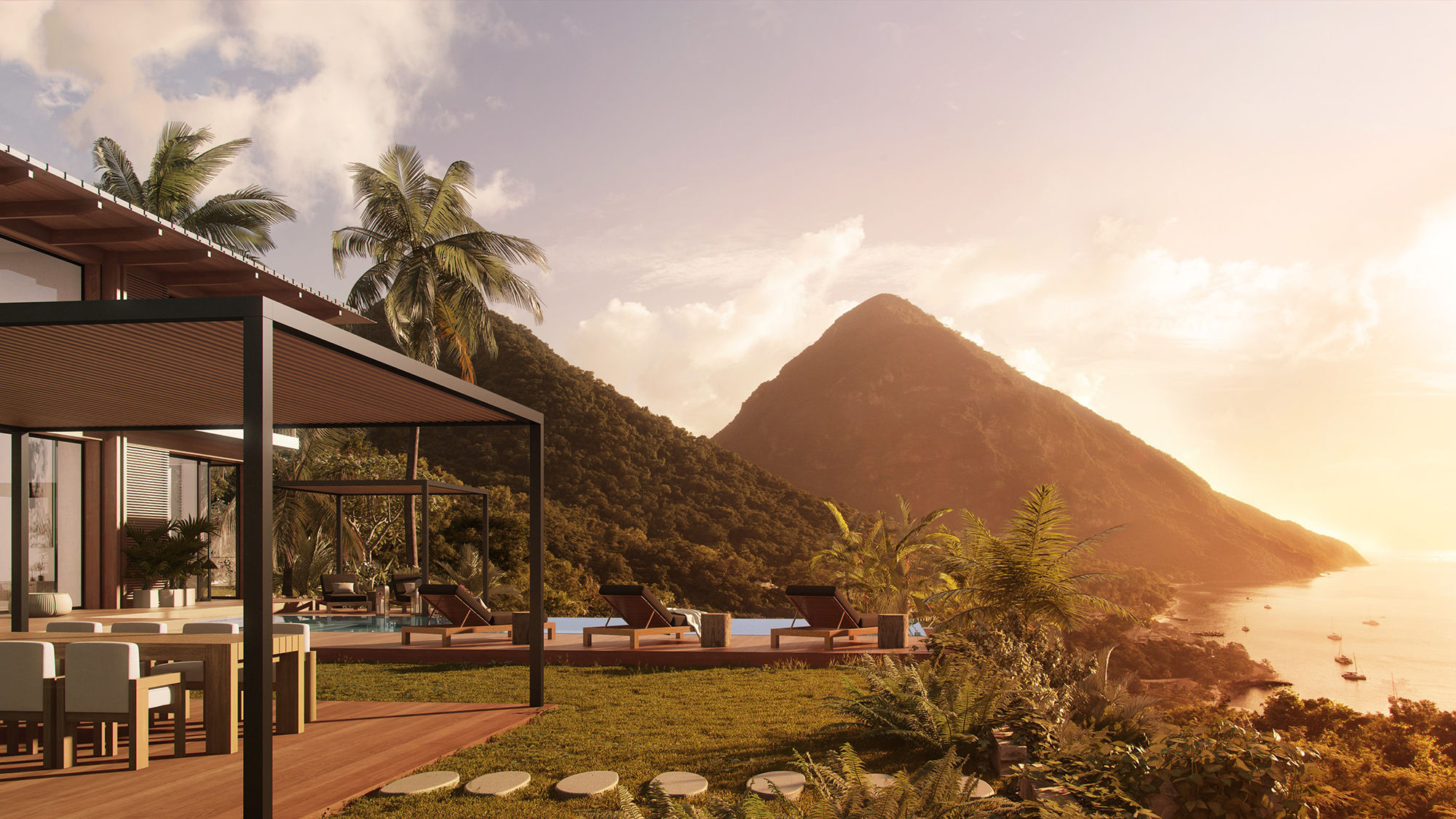 The pool deck at one of the new Piton Residences at Sugar Beach, A Viceroy Resort in St. Lucia, has views of the Pitons and the Caribbean Sea.