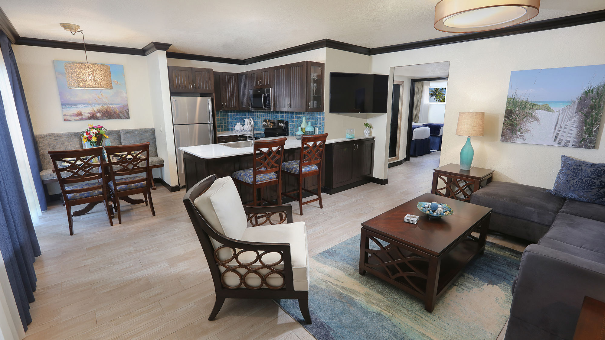 Every suite at the Westgate Cocoa Beach Resort has two bedrooms plus living space, sleeping up to six guests.