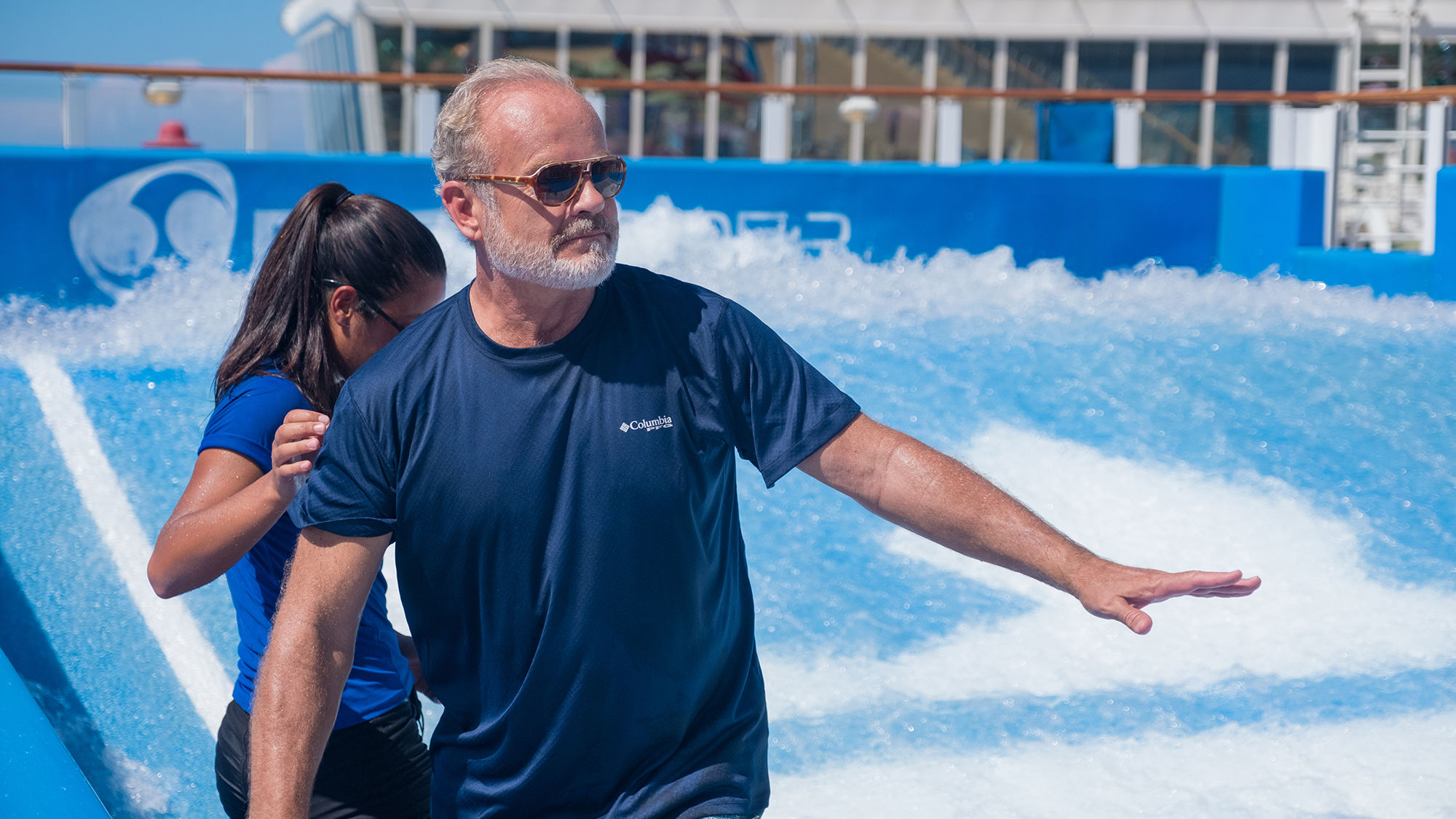 Actor Kelsey Grammer doing the Flow Rider on Harmony of the Seas.