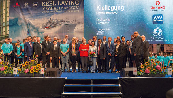 German chancellor Angela Merkel (center) attended the keel laying ceremony for Crystal Endeavor at the Werften shipyard. German chancellor Angela Merkel (center) attended the keel laying ceremony for Crystal Endeavor at the Werften shipyard.