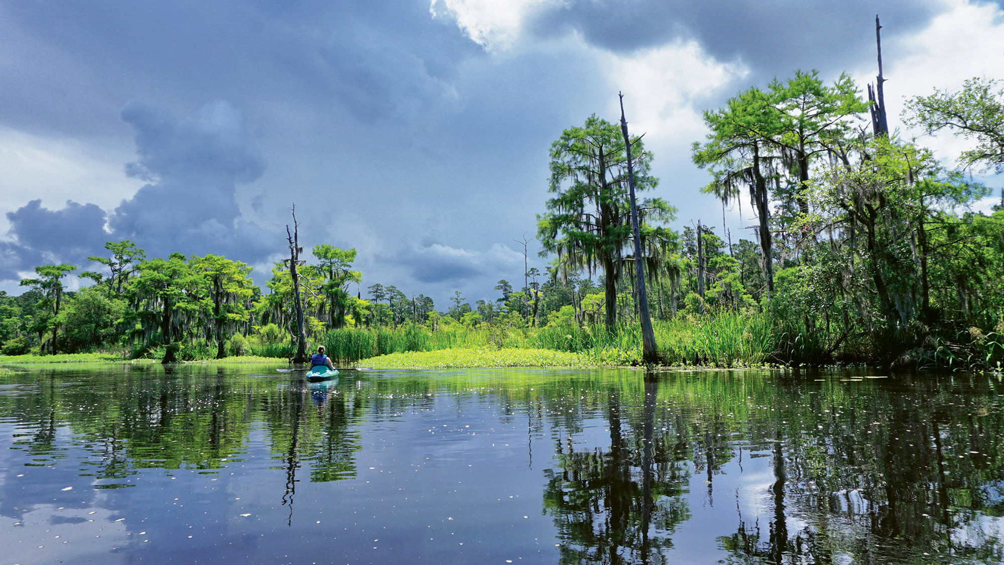 Storm clouds roll in during a self-guided kayak tour organized through Bayou Adventure.