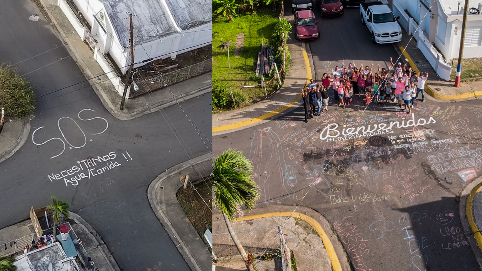 The residents of Humacao, Puerto Rico, painted an S.O.S. sign (on left) on a street after Hurricane Maria last year. To mark the recovery progress made since then, a new sign in Spanish now says "Welcome."