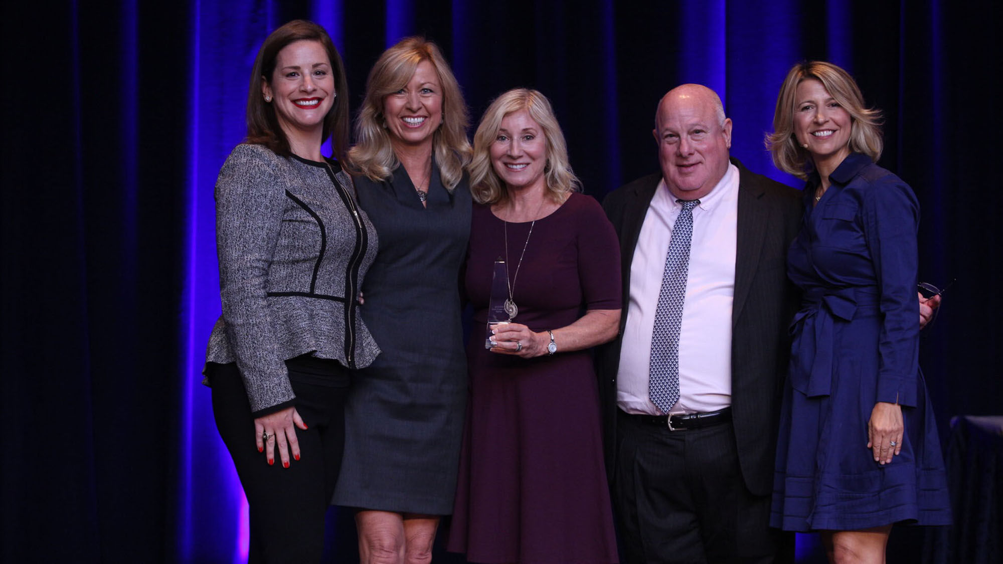 AmaWaterways took top honors at ASTA's 2018 convention. From left: Kathy Bigel, ASTA's director of business development; Kristin Karst, executive vice president and co-owner of AmaWaterways; Diane Horan, AmaWaterways' regional director of key accounts; Bob Duglin, ASTA's vice president of business development; and Samantha Brown, television host.
