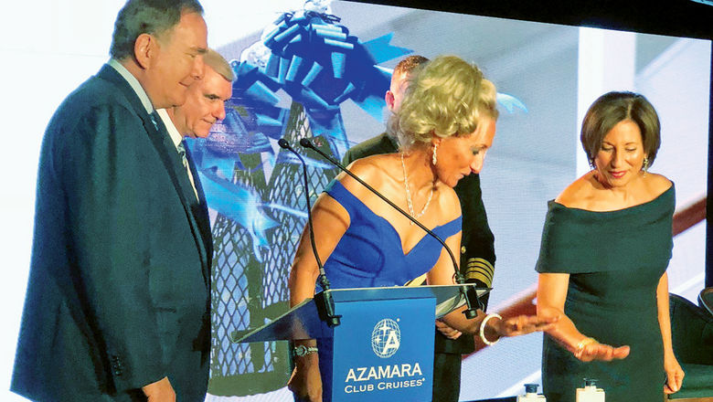 Co-godmothers Lucy Huxley (blue dress) and Ellen Asmodeo-Giglio christen the Azamara Pursuit. Observing are Royal Caribbean chairman Richard Fain (left) and Azamara Club Cruises CEO Larry Pimentel.