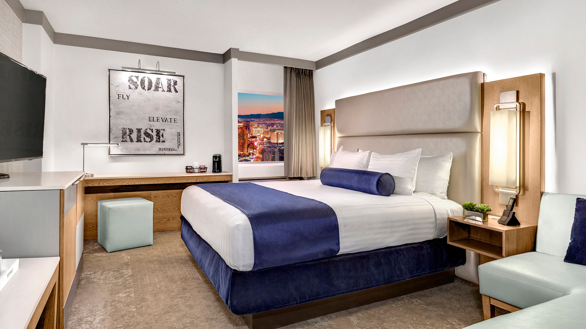 The Stratosphere's new Elevate rooms include fresh decor inspired by the sky and smart storage and technology features.