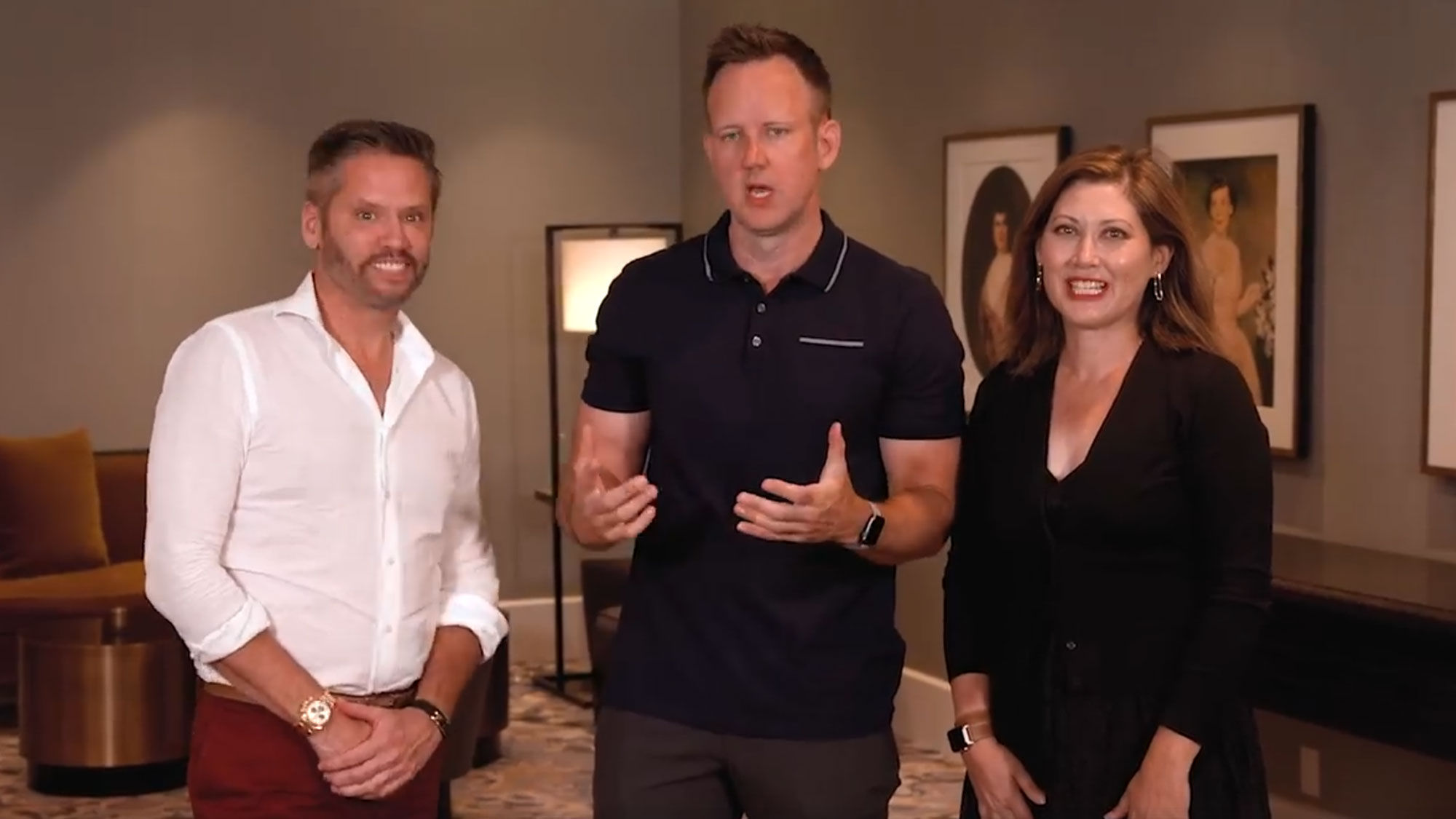 In this video still portraying a moment of calm, Carnival's Adolfo Perez (left), Princess' John Chernesky and Holland America Line's Eva Jenner discuss their love for travel agents. But it got ugly.