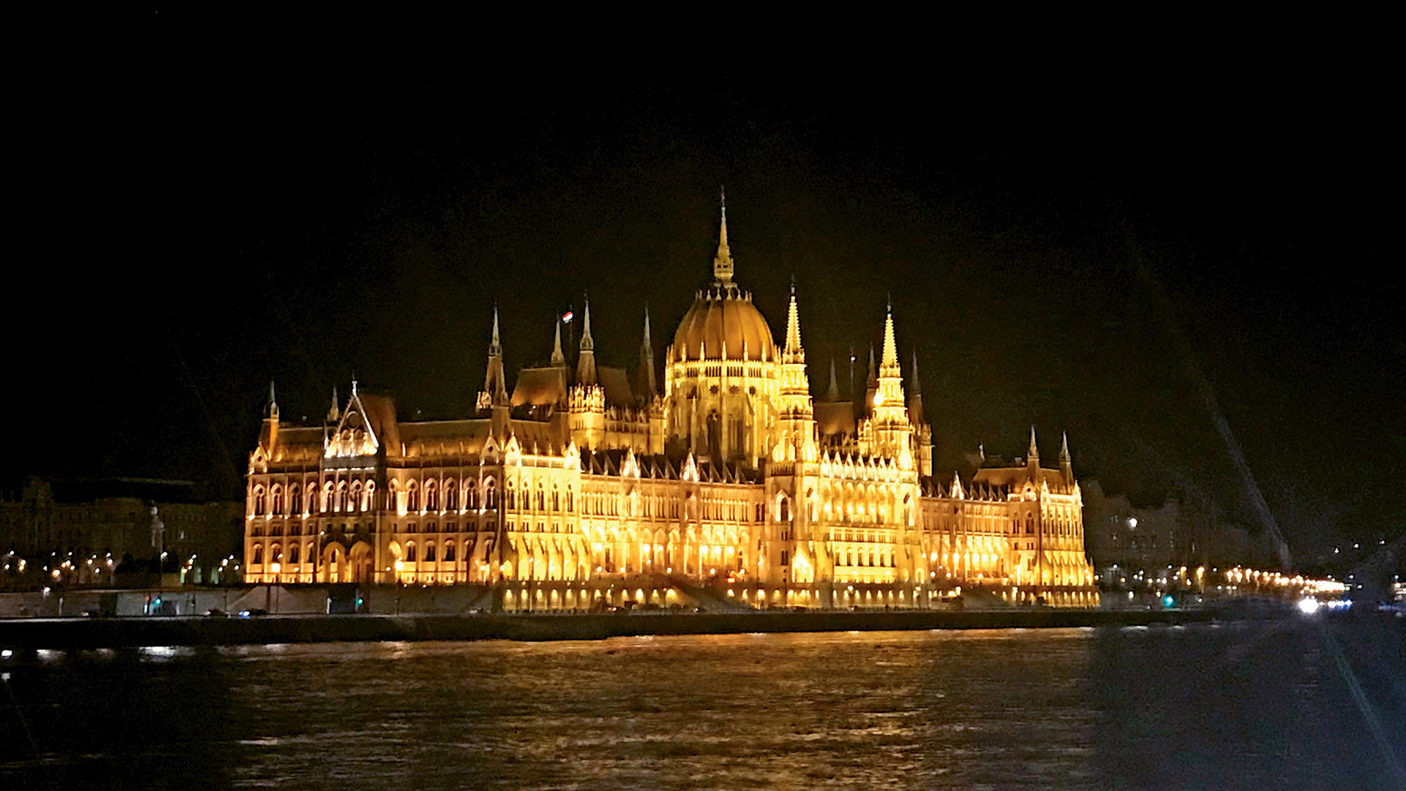 The illuminated Hungarian Parliament Building in Budapest is not to be missed, no matter the level of the Danube.