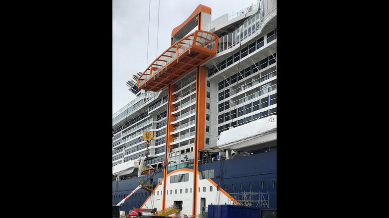 The 2,918-passenger ship is due in November and will sail on Caribbean itineraries from Fort Lauderdale. It is the first of a new class of ship for Celebrity and as such is chock full of innovations, such as a moving exterior platform called the Magic Carpet and a multi-level dining and entertainment space called Eden. Craftsmen are using more plaster for the walls to get curved shapes and extra detailing in the design. The Edge is being built at the Chantiers de l'Atlantique shipyard in St. Nazaire, France.
