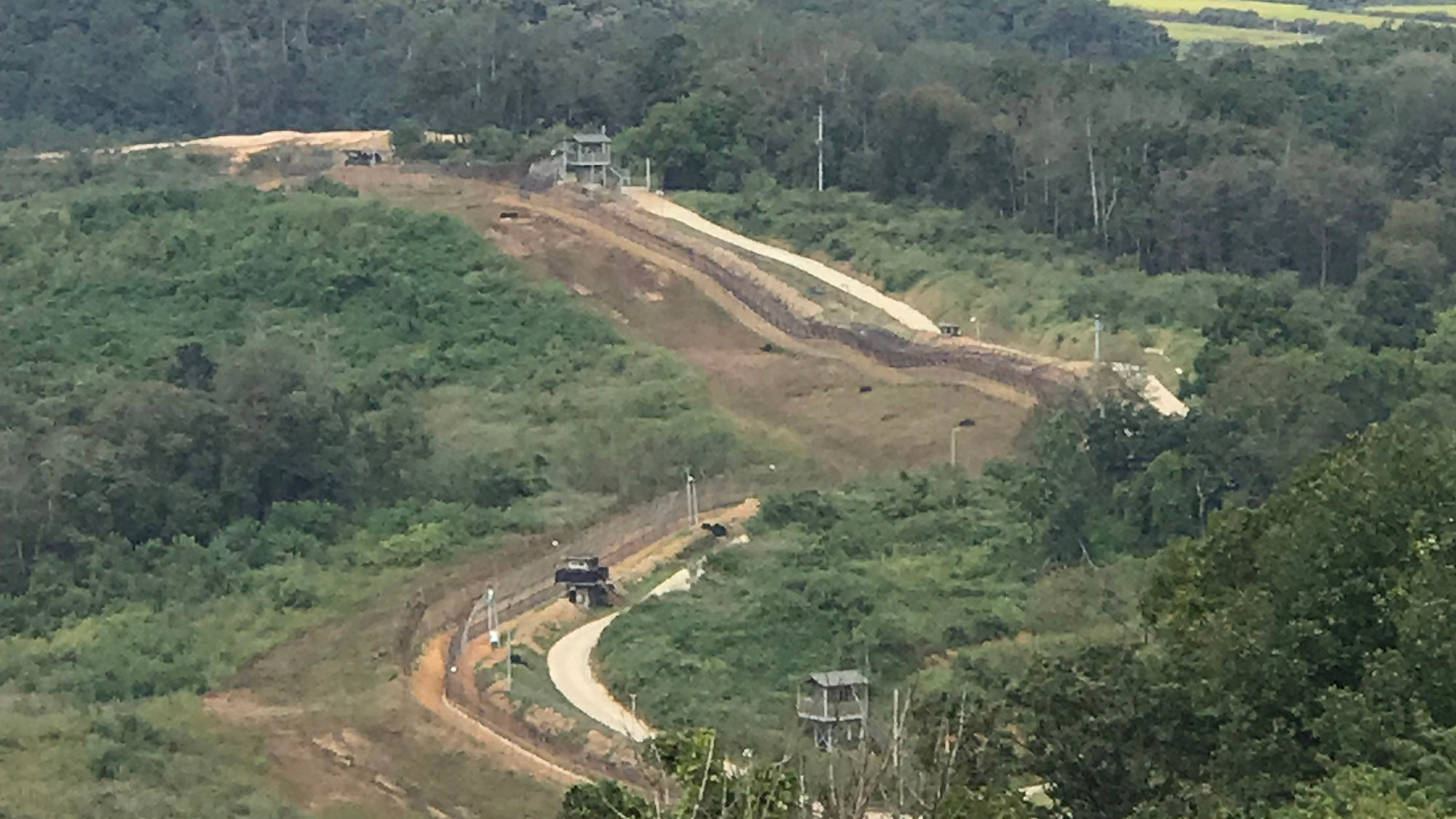The military demarcation line, or DML, and views of North Korea