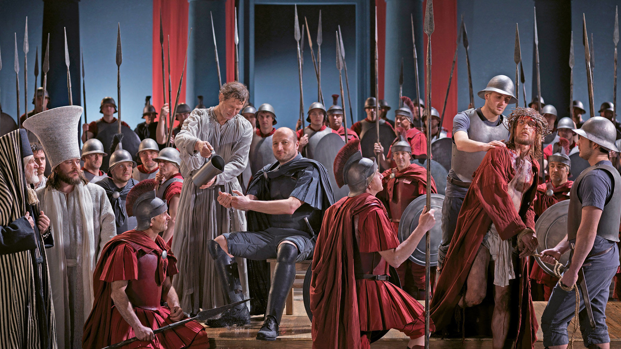 Pontius Pilate washes his hands after condemning Jesus to death, as portrayed in the 2010 Passion Play.