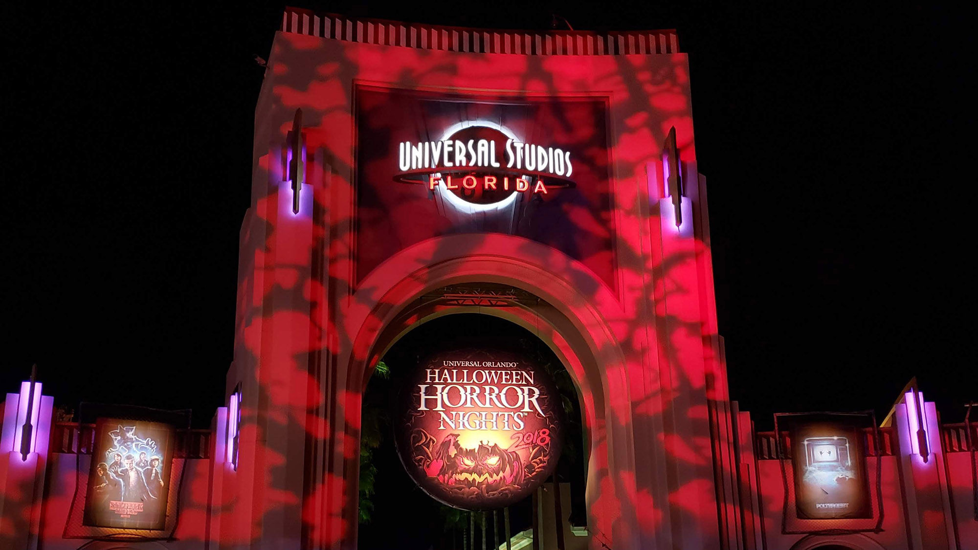 Universal Studios' entrance is dimly lit each night of Halloween Horror Nights.