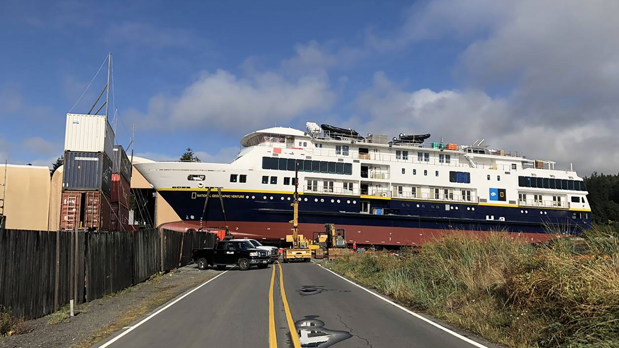 The National Geographic Venture being launched stern-first at the Nichols Brothers shipyard.