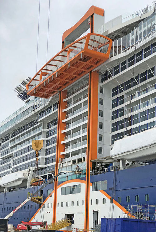 The Magic Carpet moving platform clinging to the side of the Celebrity Edge stands out in both form and function.