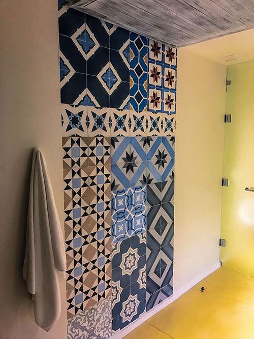 At the Hyatt Andaz Mayakoba, patterned Mexican tiles are laid into the cement floors and walls in place of rugs and murals. At the Hyatt Andaz Mayakoba, patterned Mexican tiles are laid into the cement floors and walls in place of rugs and murals.