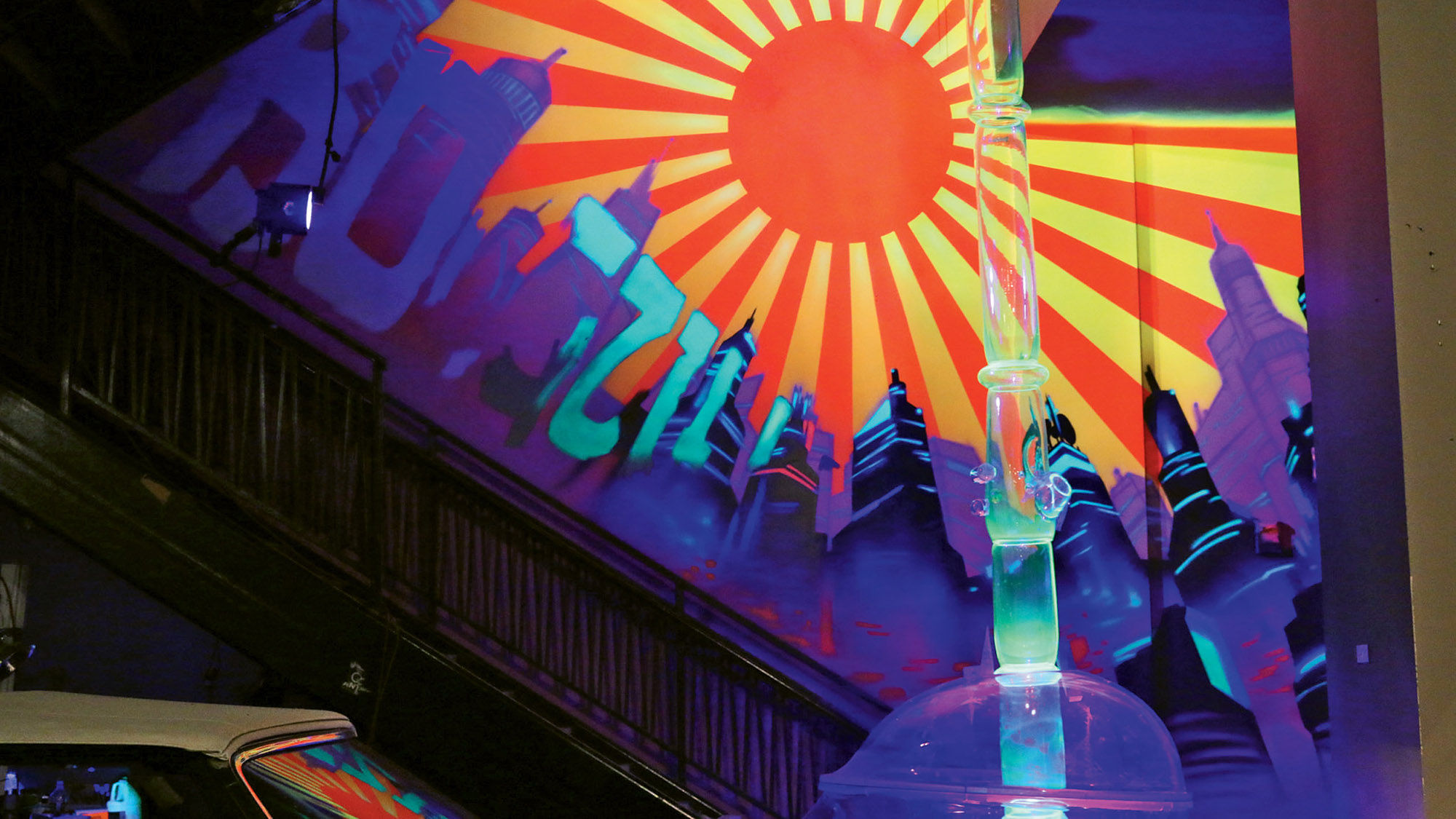 One of the Instagram-ready attractions at the Cannabition Cannabis Museum is the 24-foot-tall “Bongzilla.”