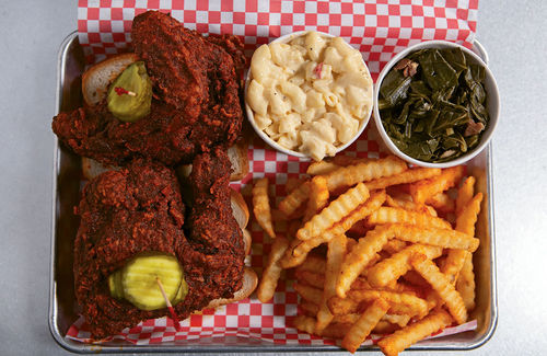 The hot chicken plate for Hattie B’s Hot Chicken, one of the regional dining spots at Block 16. The hot chicken plate for Hattie B’s Hot Chicken, one of the regional dining spots at Block 16.