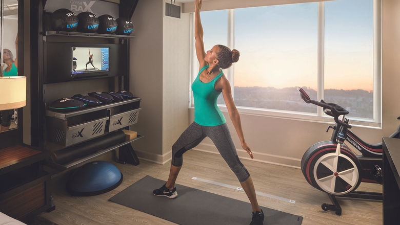 Hilton's Five Feet to Fitness room concept includes an assortment of equipment and access to guided workouts.