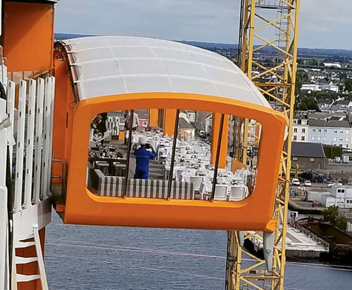 Lunch is set up on the Magic Carpet as construction continues at the Chantiers de L’Atlantique shipyard in St. Nazaire, France.
