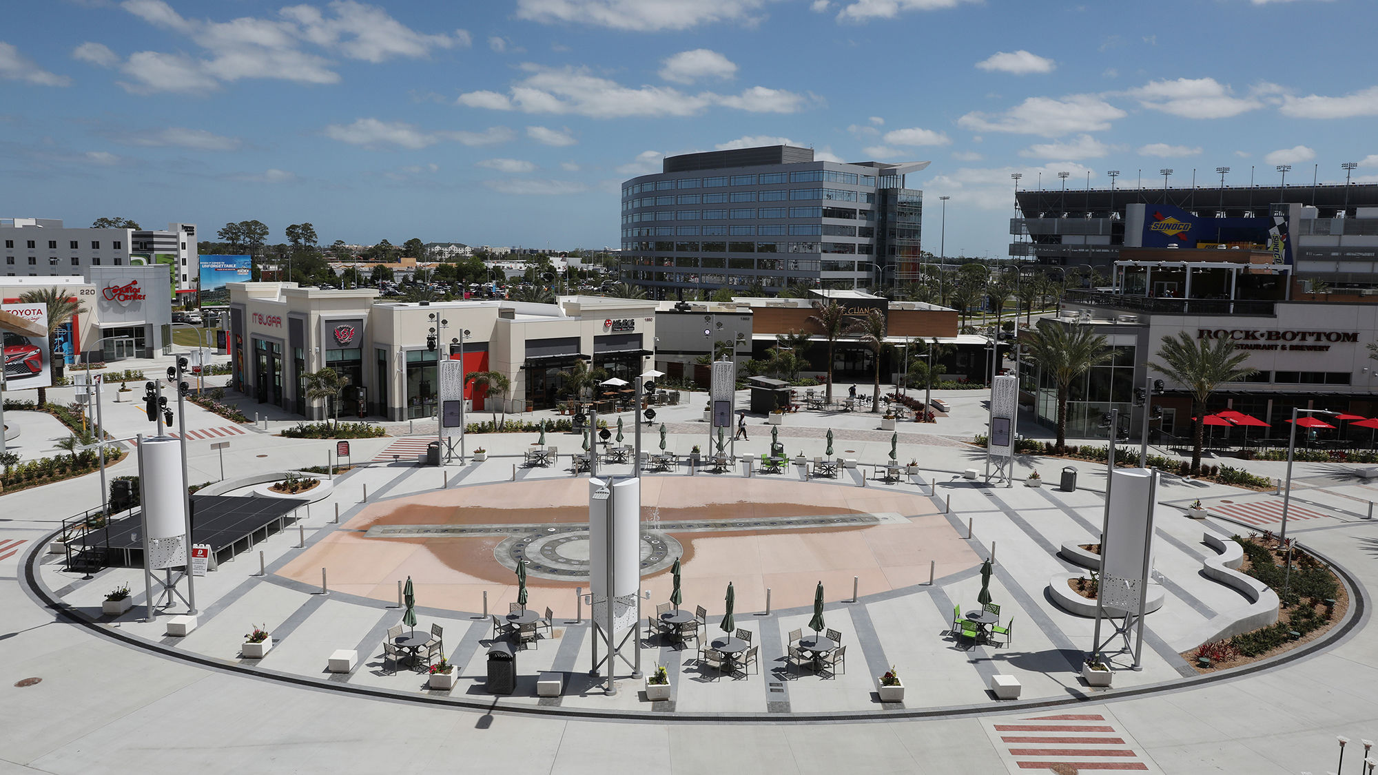 A view of Victory Circle, with splash pad in the center, at One Daytona.