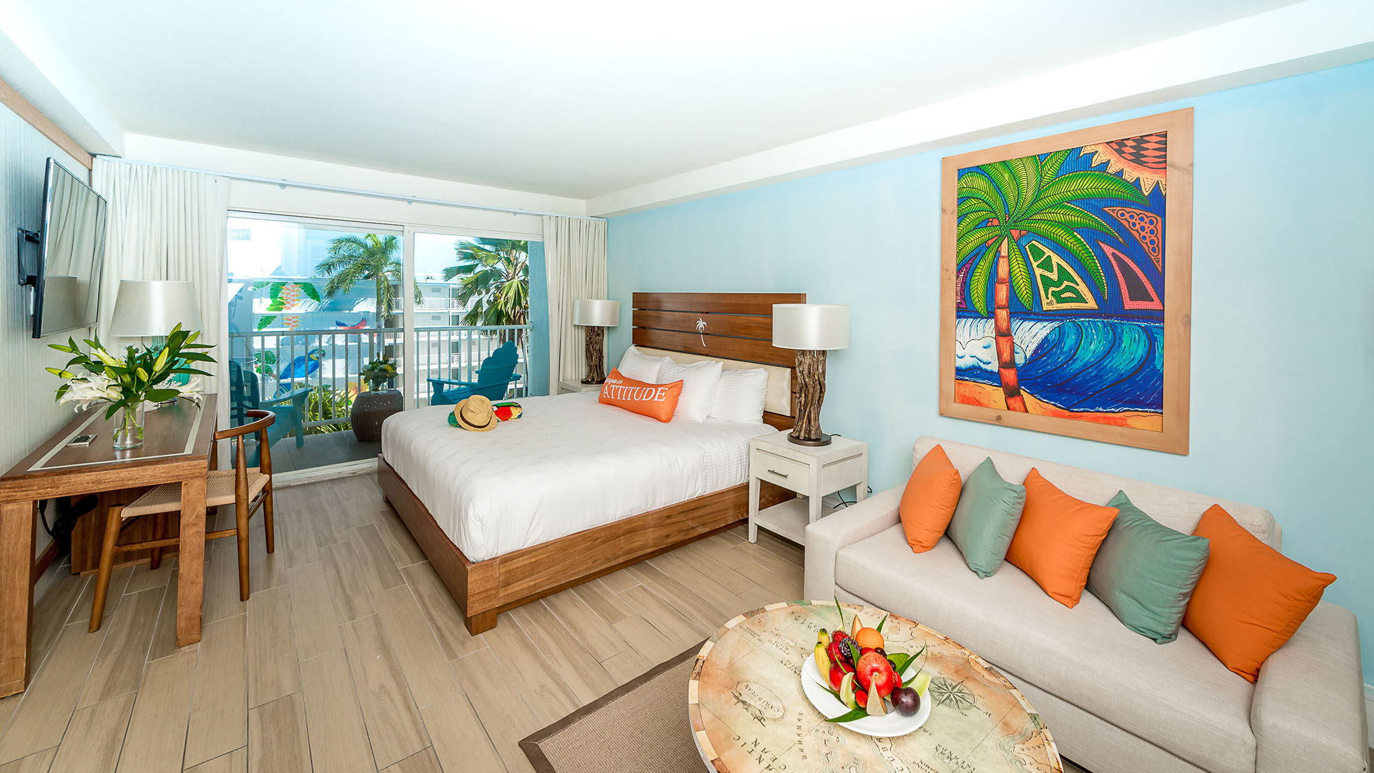 A renovated guestroom at Margaritaville Beach Resort Grand Cayman.