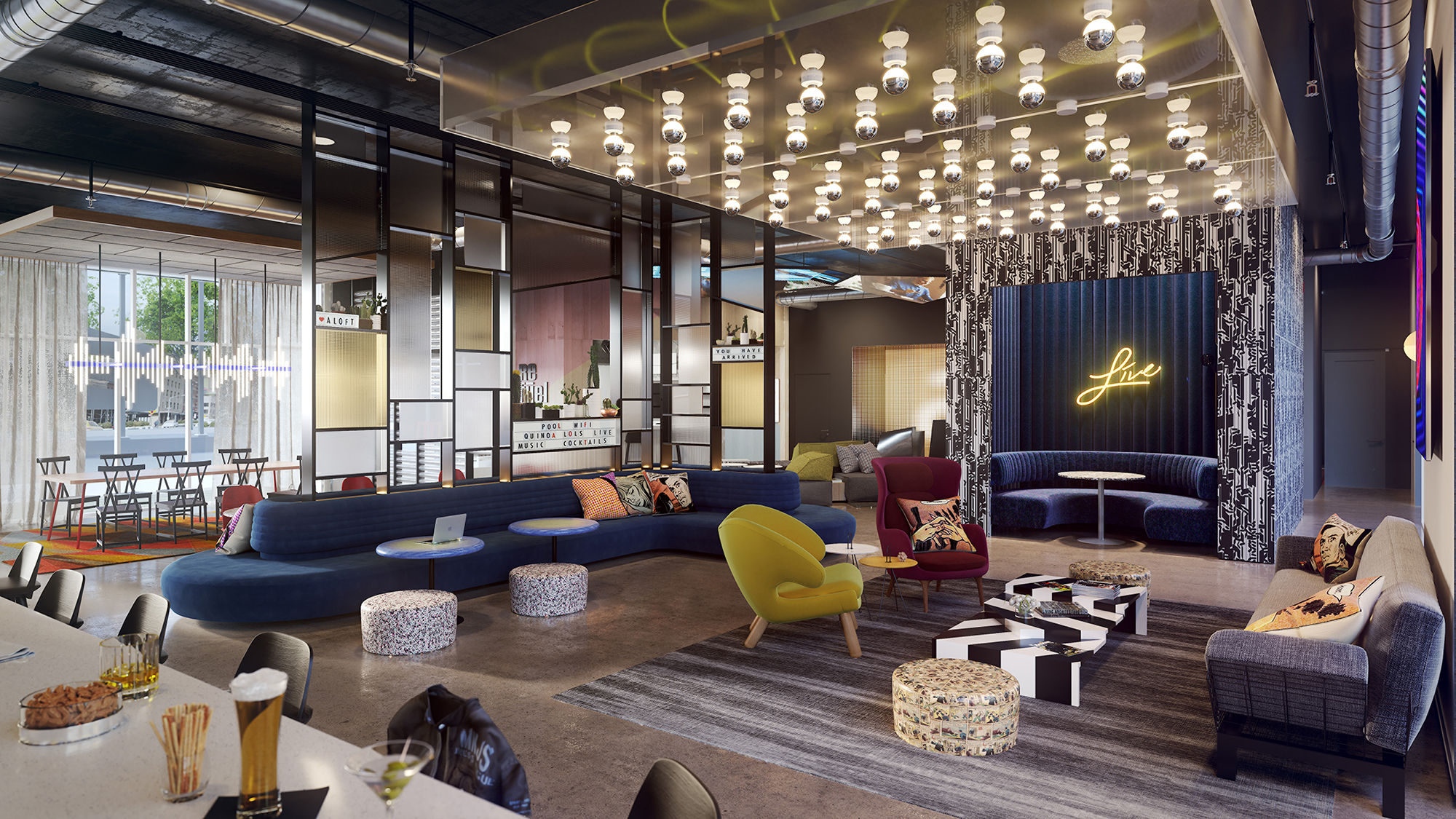 The reimagined WXYZ Lounge at the Aloft Jacksonville Airport.