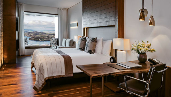 A deluxe lakeview room at the resort’s top-tier Burgenstock Hotel. A deluxe lakeview room at the resort’s top-tier Burgenstock Hotel.